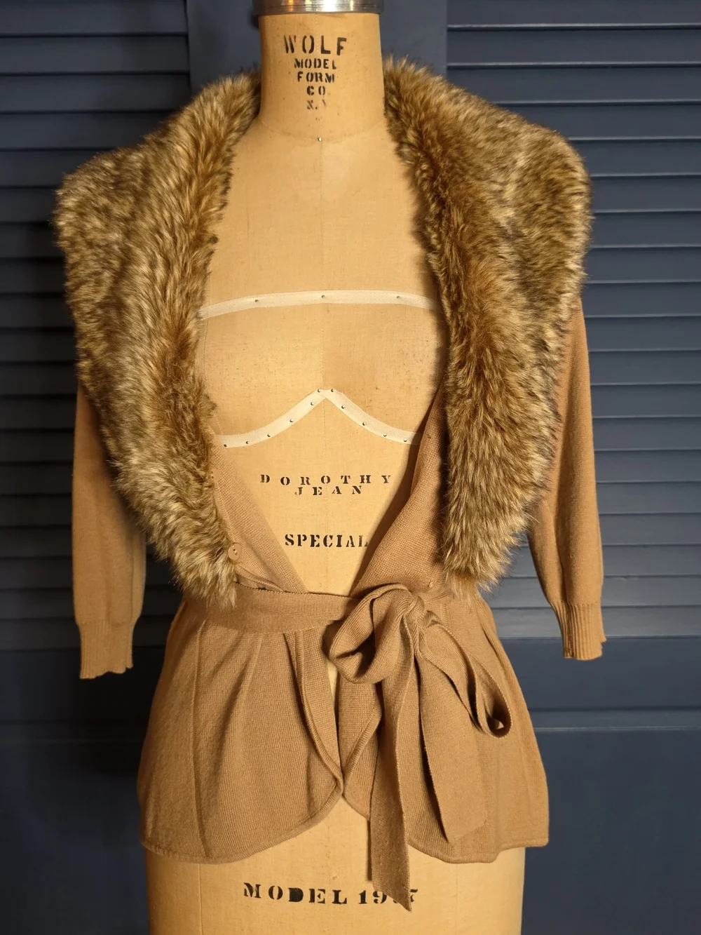 The Limited Camel Tie-Waist Jacket with Faux Fur Shawl Collar
